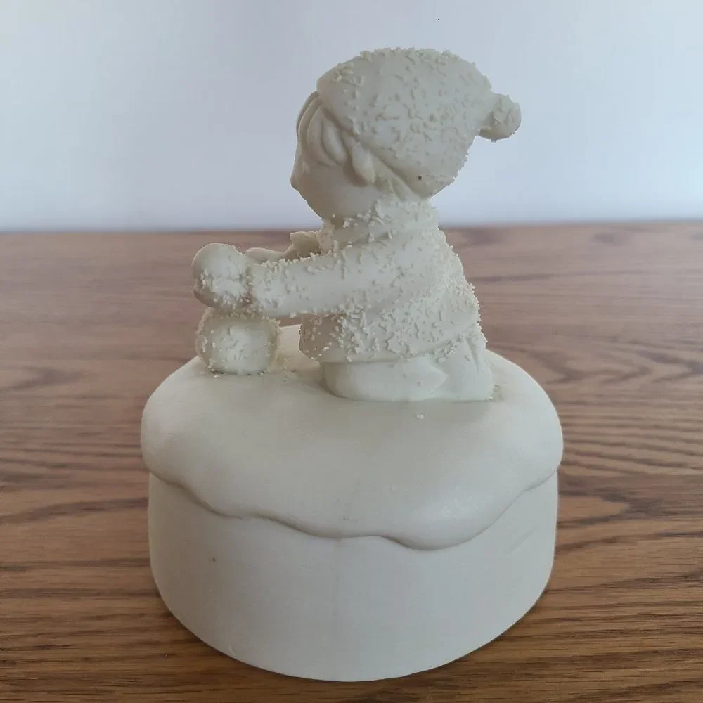 Porcelain Bisque Holiday Christmas Music Box Boy Building Snowman 